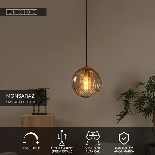 Lucide MONSARAZ - Lámpara colgante - Ø 25 cm - 1xE27 - Ámbar - USP